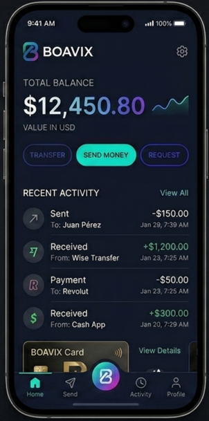 BOAVIX app mostrando balance, transferencias y actividad reciente